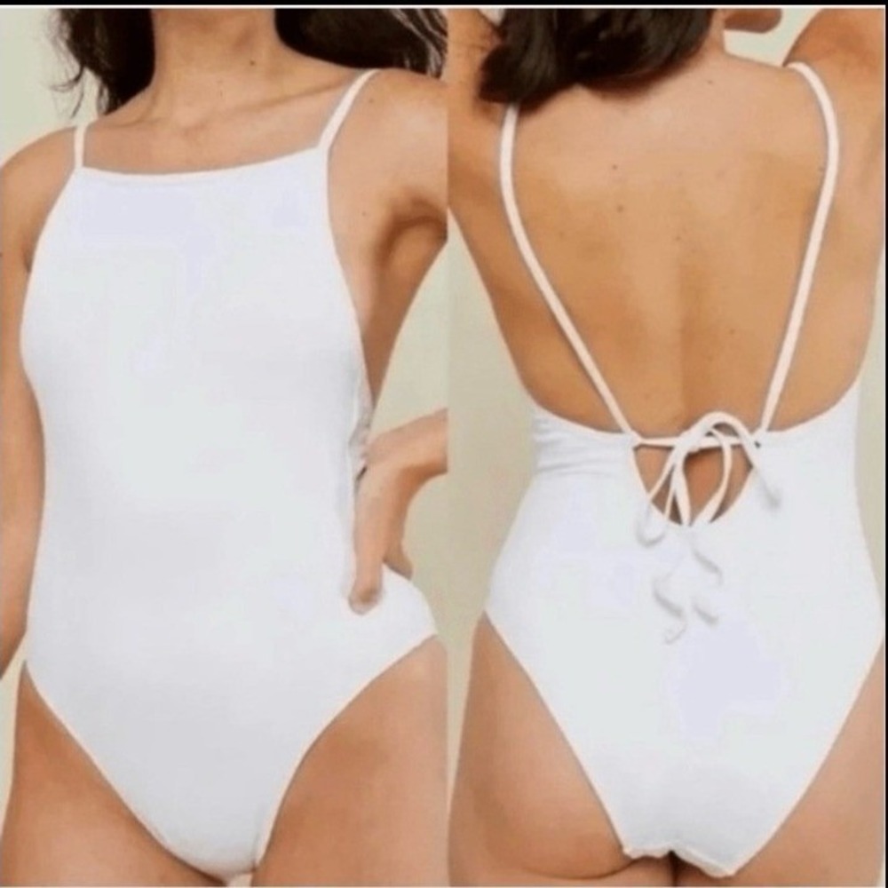 Andie The‎ Paloma Ribbed One Piece Swim White Adjustable Tie Back High Leg XXL
